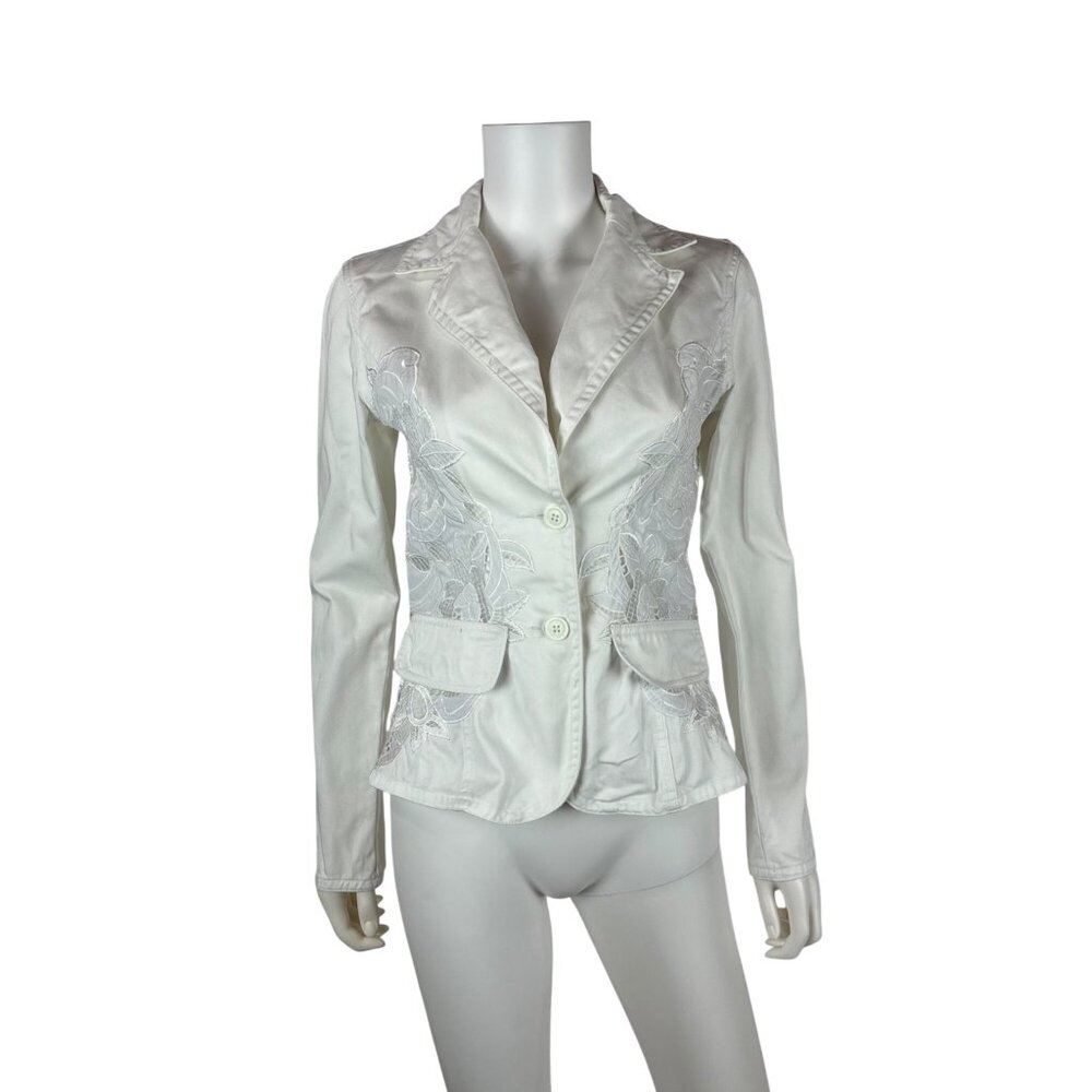 Together White Denim Jacket Small 6 Floral Inset Lace Cotton Spring Blazer - Picture 2 of 11